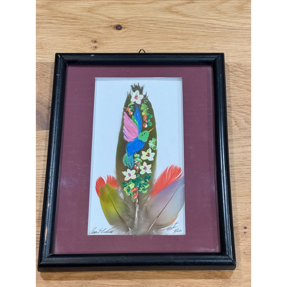 Ana S Cedeno Hand Painted Feather Art Hummingbird Costa Rica Framed 6.5x8.5